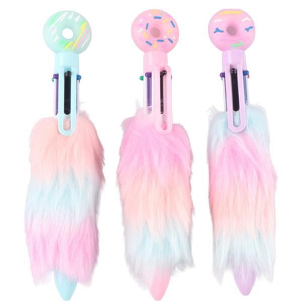 KAWAII DONUT TOP RAINBOW FUR MULTI-COLOR GEL PEN (24 UNITS)