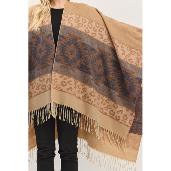 AZTEC LEOPARD PATTERN FRINGE RUANA
