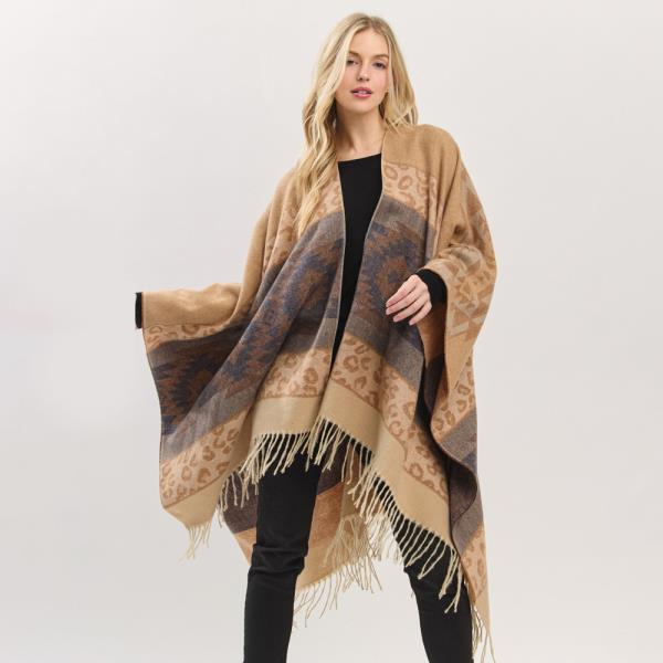AZTEC LEOPARD PATTERN FRINGE RUANA