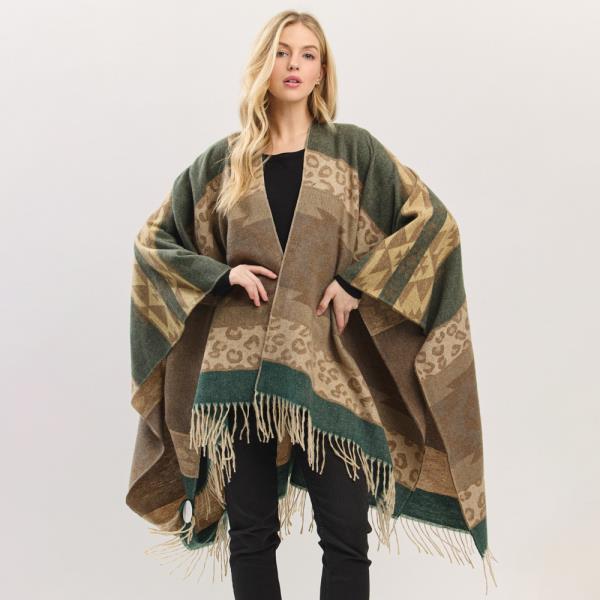 AZTEC LEOPARD PATTERN FRINGE RUANA