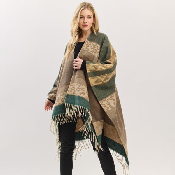 AZTEC LEOPARD PATTERN FRINGE RUANA