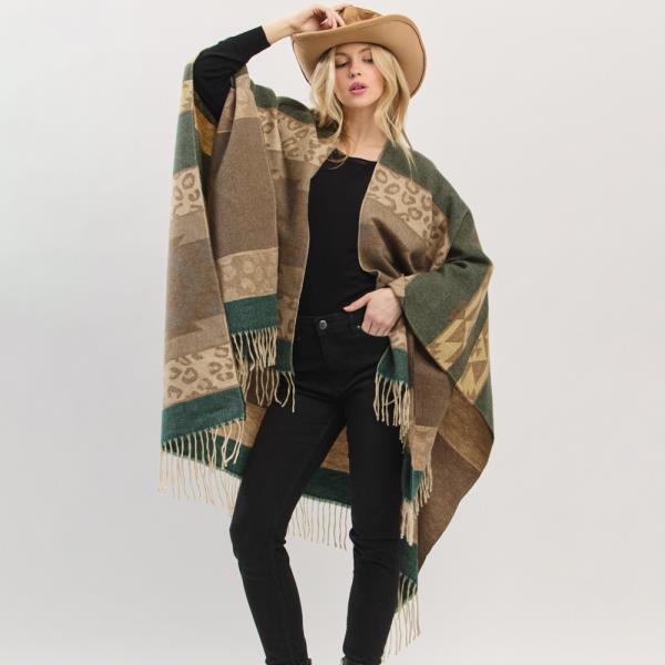 AZTEC LEOPARD PATTERN FRINGE RUANA