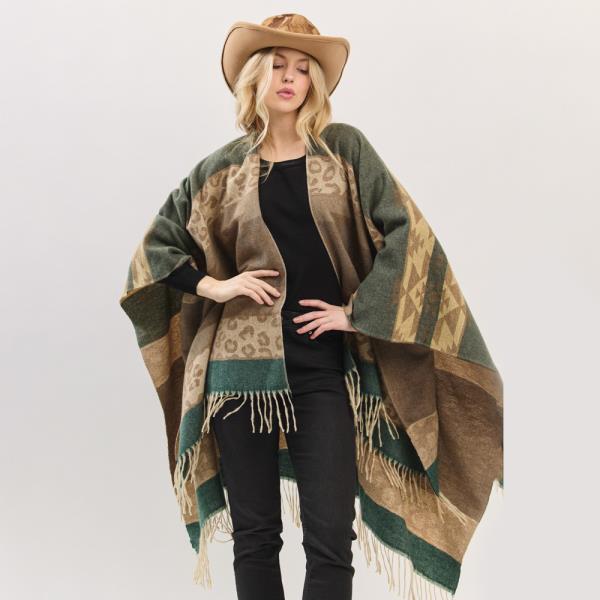 AZTEC LEOPARD PATTERN FRINGE RUANA