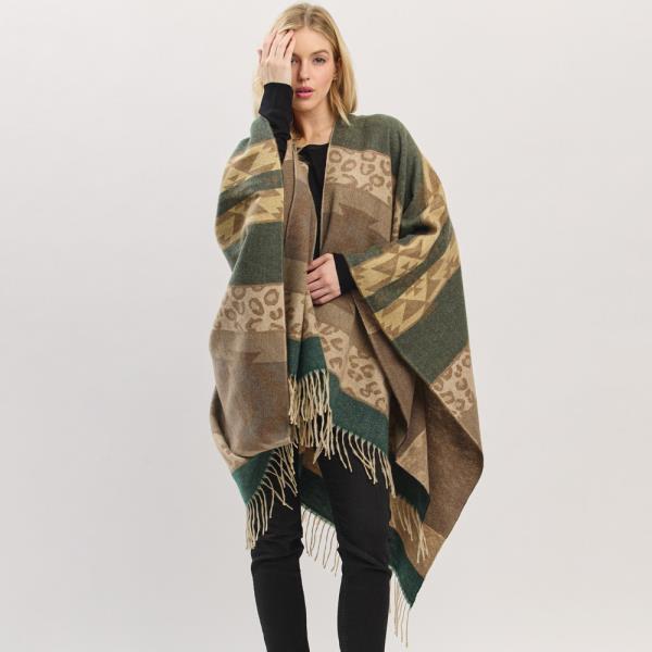AZTEC LEOPARD PATTERN FRINGE RUANA