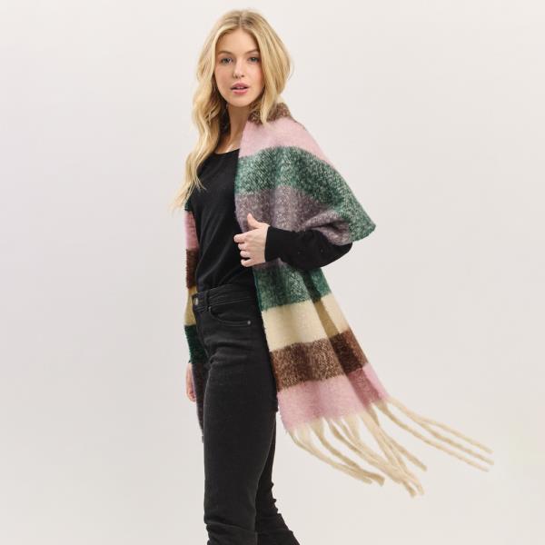 MULTI COLOR STRIPED BRUSHED FRINGED SCARF