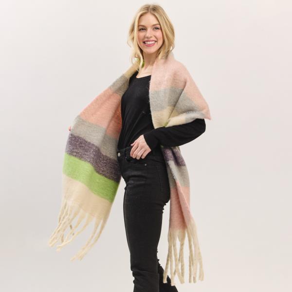 MULTI COLOR STRIPED BRUSHED FRINGED SCARF