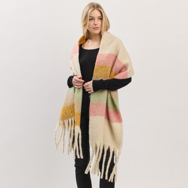 MULTI COLOR STRIPED BRUSHED FRINGED SCARF