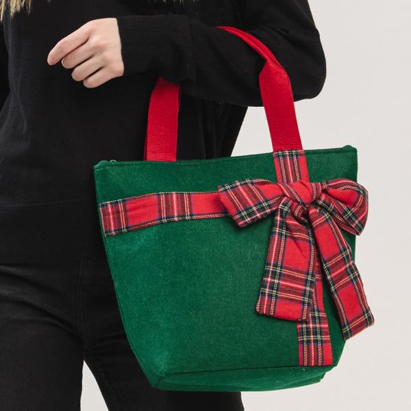 CHRISTMAS GREEN TOTE BAG WITH RED PLAID BOW