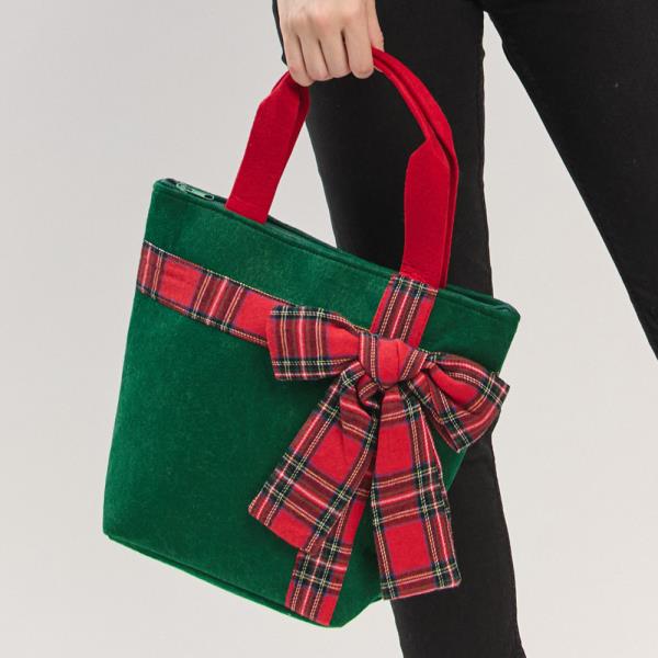 CHRISTMAS GREEN TOTE BAG WITH RED PLAID BOW