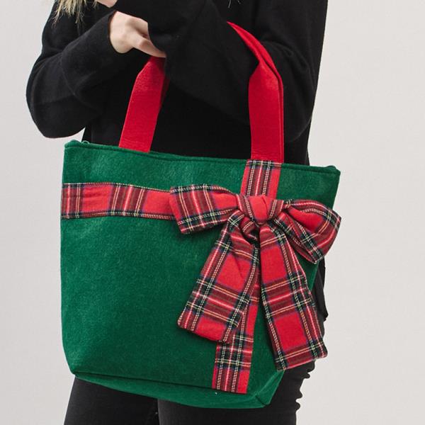 CHRISTMAS GREEN TOTE BAG WITH RED PLAID BOW