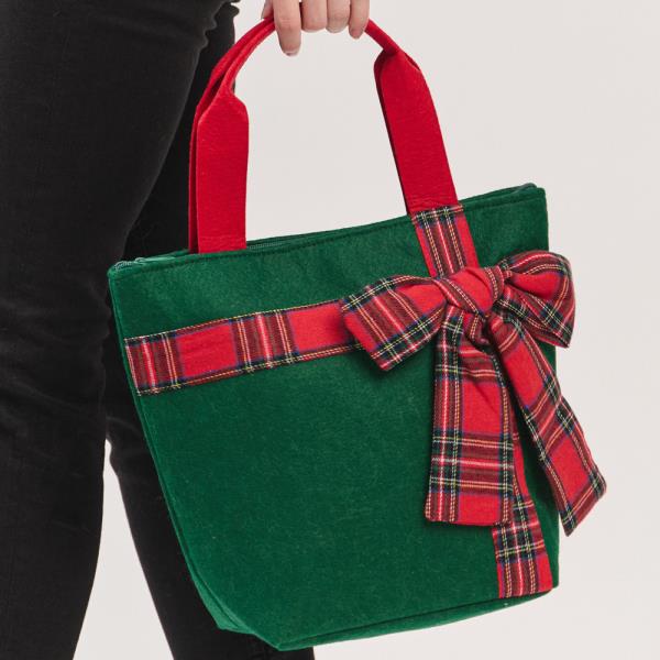 CHRISTMAS GREEN TOTE BAG WITH RED PLAID BOW