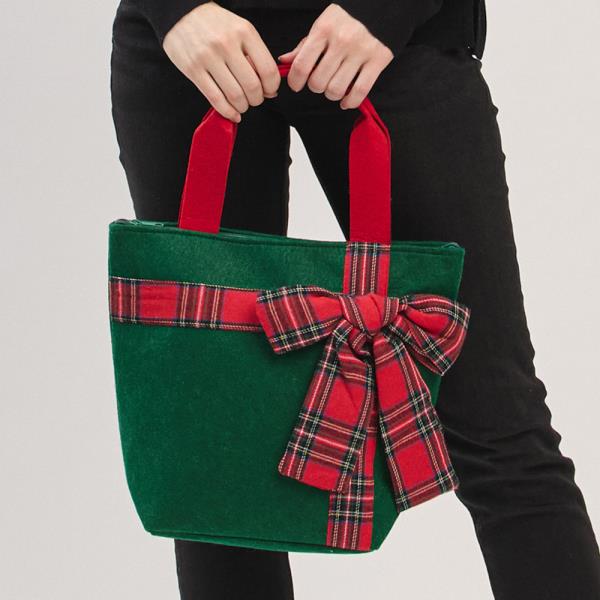CHRISTMAS GREEN TOTE BAG WITH RED PLAID BOW