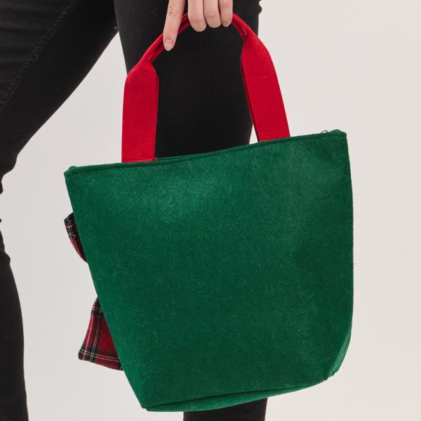 CHRISTMAS GREEN TOTE BAG WITH RED PLAID BOW