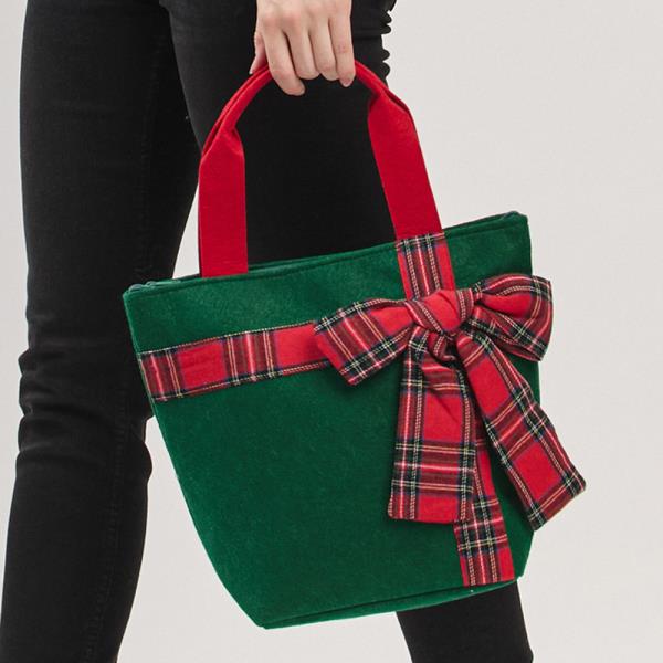 CHRISTMAS GREEN TOTE BAG WITH RED PLAID BOW