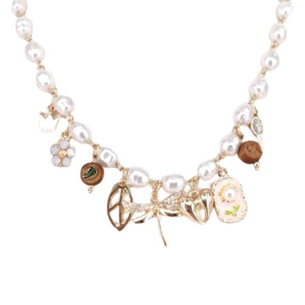 DRAGONFLY MULTU CHARM PEARL BEAD NECKLACE