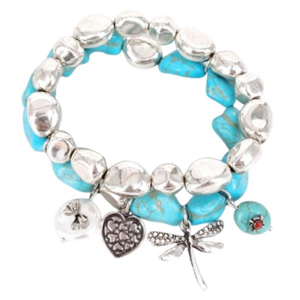 DRAGONFLY CHARM BEADED BRACELET SET