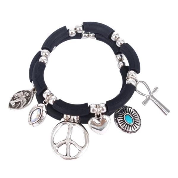 PEACE HEART CHARM WOOD BEAD BRACELET SET