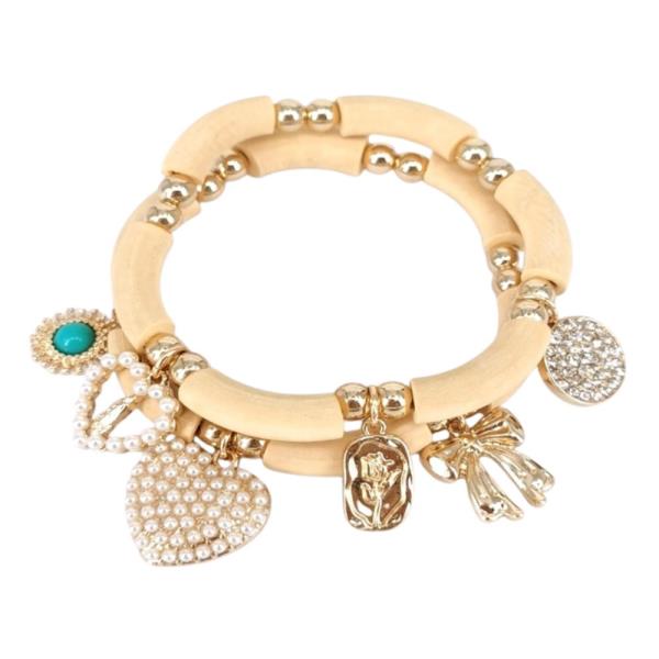 HEART ROSE CHARM WOOD BEAD BRACELET SET