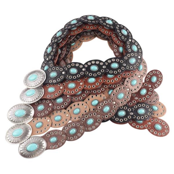 SUEDE TEXTURED TURQUOISE STONE OVAL LINK CONCHO BUCKLE WESTERN Y2K STYLE BELT