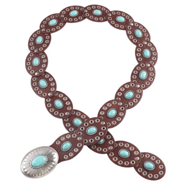 SUEDE TEXTURED TURQUOISE STONE OVAL LINK CONCHO BUCKLE WESTERN Y2K STYLE BELT