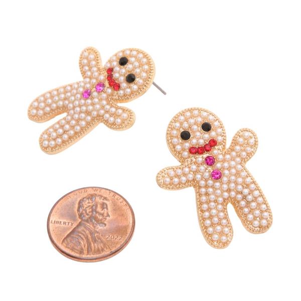 CHRISTMAS PEARL BEAD GINGERBREAD MAN METAL EARRING