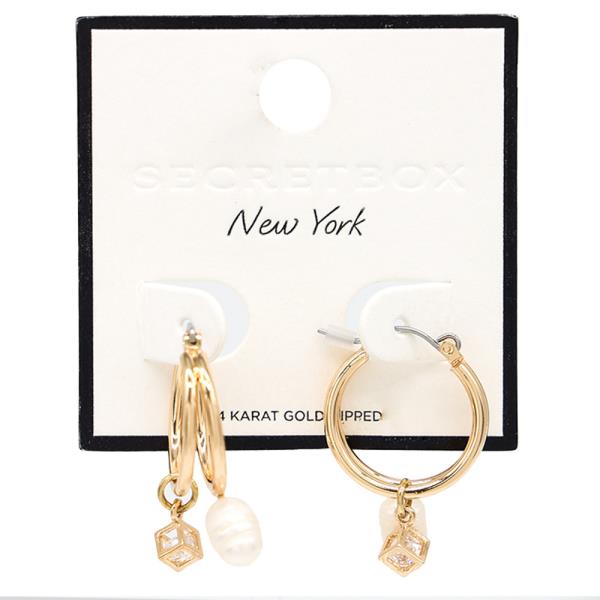 SECRET BOX METAL HOOP PEARL STONE HUGGIE EARRING
