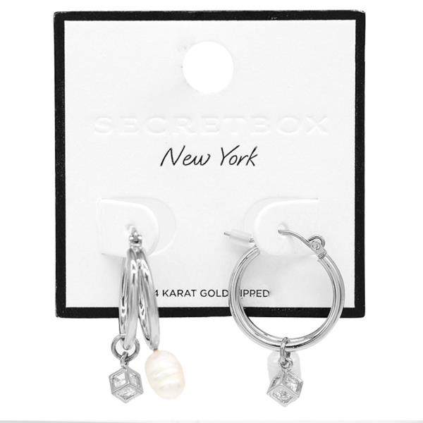 SECRET BOX METAL HOOP PEARL STONE HUGGIE EARRING