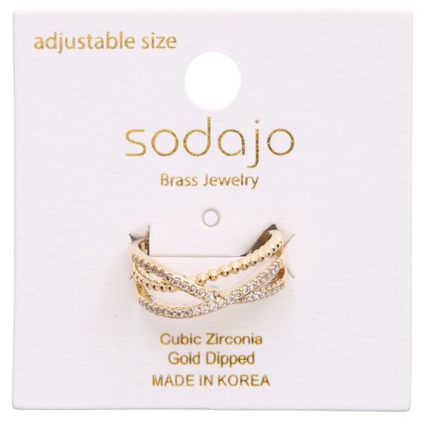 SODAJO CRISS CROSS BALL BEAD CZ GOLD DIPPED ADJUSTABLE RING