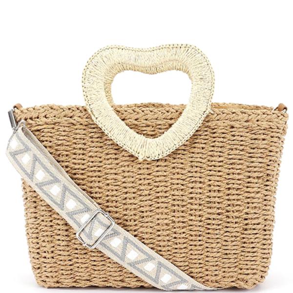 HEART SHAPED HANDLE STRAW TOTE BAG