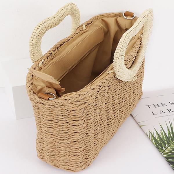 HEART SHAPED HANDLE STRAW TOTE BAG