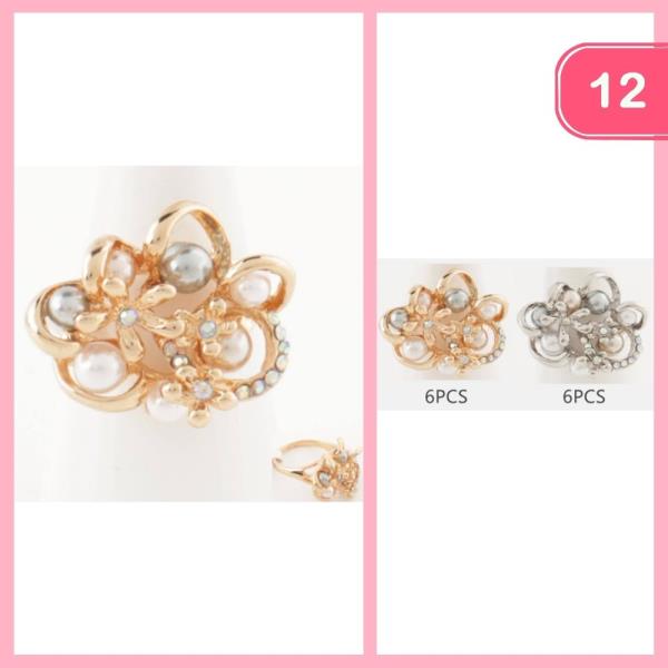 RHINESTONE FLOWER PEARL RING (12 UNITS)