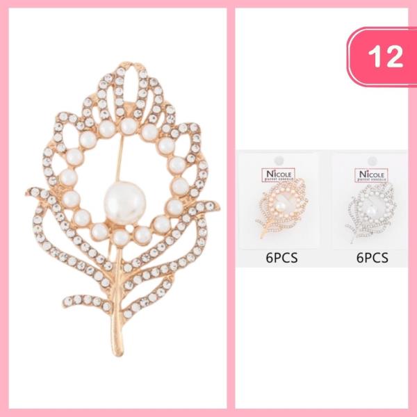 PEARL RHINESTONE LEAF BROOCH (12 UNITS)