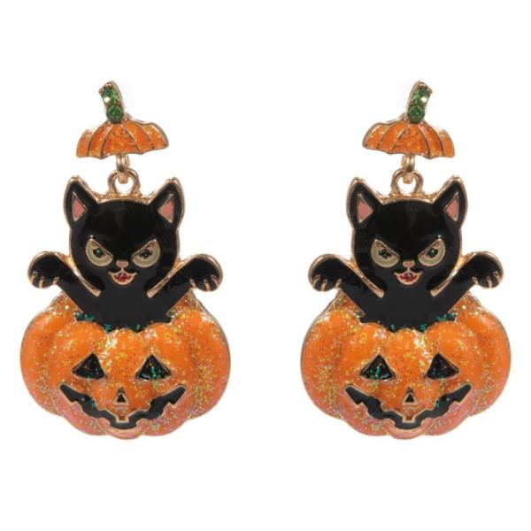 BLACK CAT IN PUMPKIN SHAPED ENAMEL HYPOALLERGENIC POST EARRING