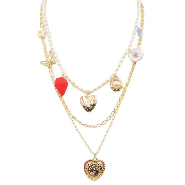 LAYERED HEART MULTI CHARM PEARL BEAD NECKLACE