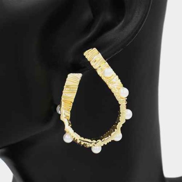 TEXTURED METAL FAUX PEARL ACCENT TEARDROP EARRING