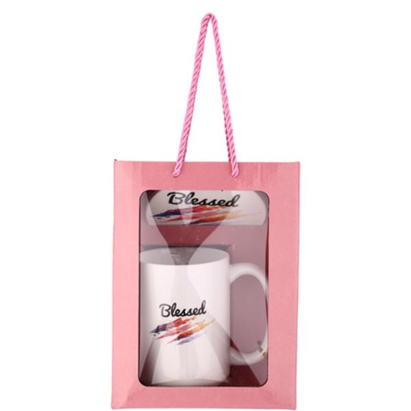 CERAMIC BLESSED RAINBOW BRUSH STROKE GIFT MUG AND COASTER SET