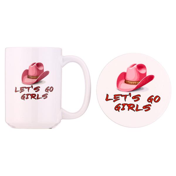 CERAMIC PINK HAT LET’S GO GIRLS GIFT MUG AND COASTER SET