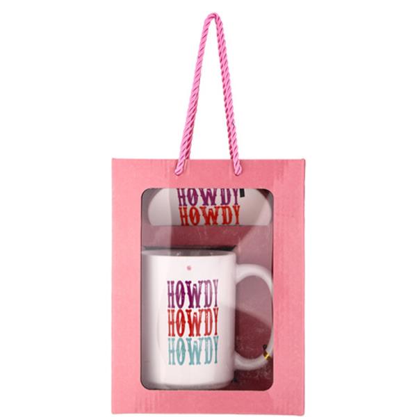 CERAMIC HOWDY LETTERING PRINT GIFT MUG AND COASTER SET