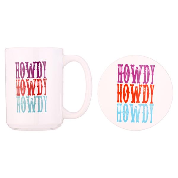 CERAMIC HOWDY LETTERING PRINT GIFT MUG AND COASTER SET