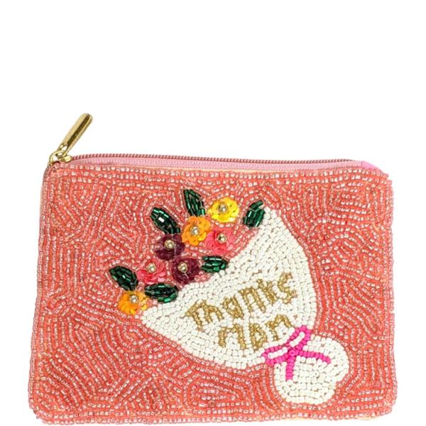 BEADED THANKS MOM FLOWER BOUQUET ZIPPER COIN PURSE BAG POUCH