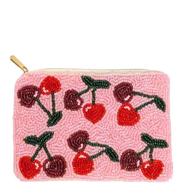 BEADED CHERRY FRUIT EMBROIDERY PATTERN ZIPPER COIN PURSE BAG POUCH