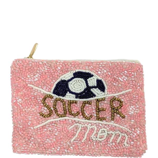 BEADED SOCCER MOM EMBELLISHED LETTERING ZIPPER COIN PURSE BAG POUCH