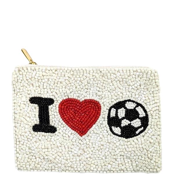 BEADED I LOVE SOCCER DESIGN ZIPPER COIN PURSE BAG POUCH