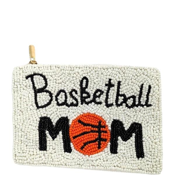 BEADED BASKETBALL MOM TEXT BASKETBALL GRAPHIC ZIPPER COIN PURSE BAG POUCH