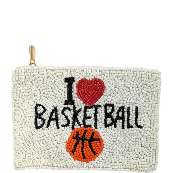 BEADED I LOVE BASKETBALL BASKETBALL GRAPHIC ZIPPER COIN PURSE BAG POUCH