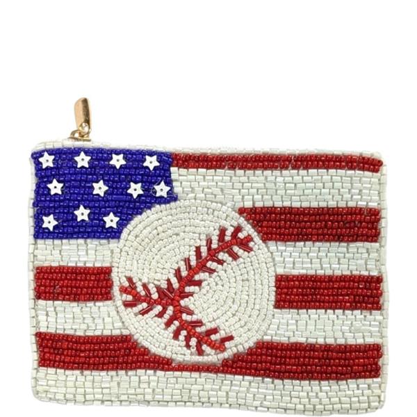 BEADED AMERICAN FLAG BASEBALL PATTERN ZIPPER DETAIL COIN PURSE BAG POUCH