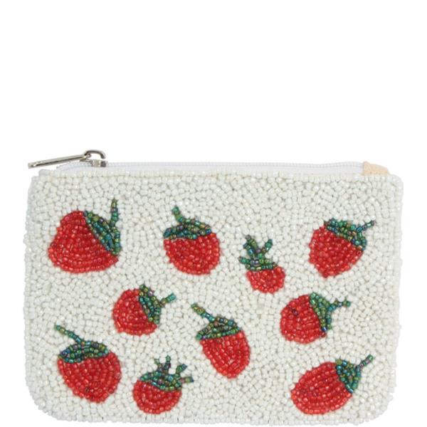 BEADED STRAWBERRY PATTERN HANDMADE ZIPPER COIN PURSE BAG POUCH