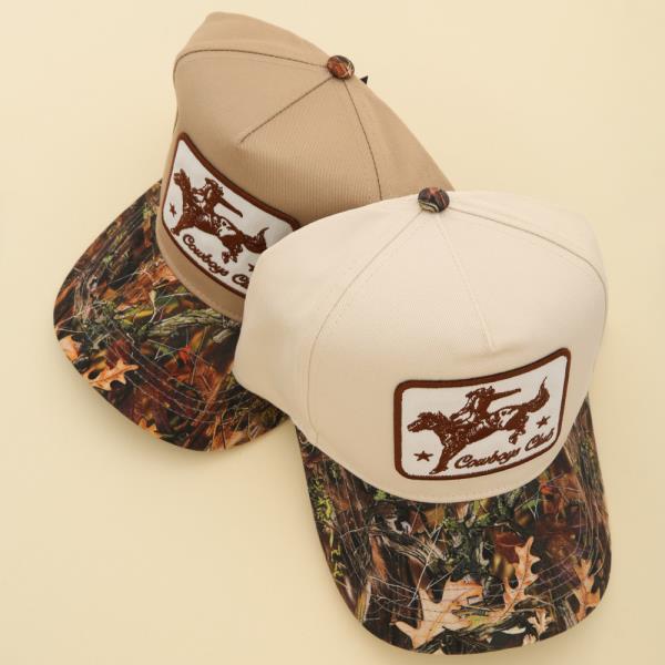 COWBOY CLUB PATCH CAMO PRINT BRIM 5 PANEL BASEBALL CAP