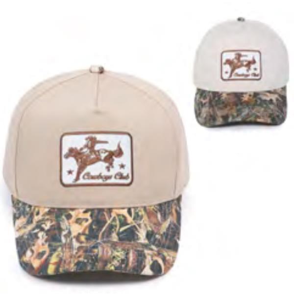 COWBOY CLUB PATCH CAMO PRINT BRIM 5 PANEL BASEBALL CAP