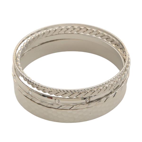 RHINESTONE TEXTURED METAL BANGLE BRACELET
